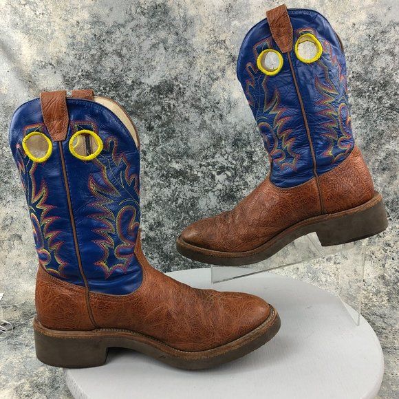 BOULET Men's 11.5 E Brown Blue Leather Embroidered Western Cowboy Boots Canada - Picture 8 of 14